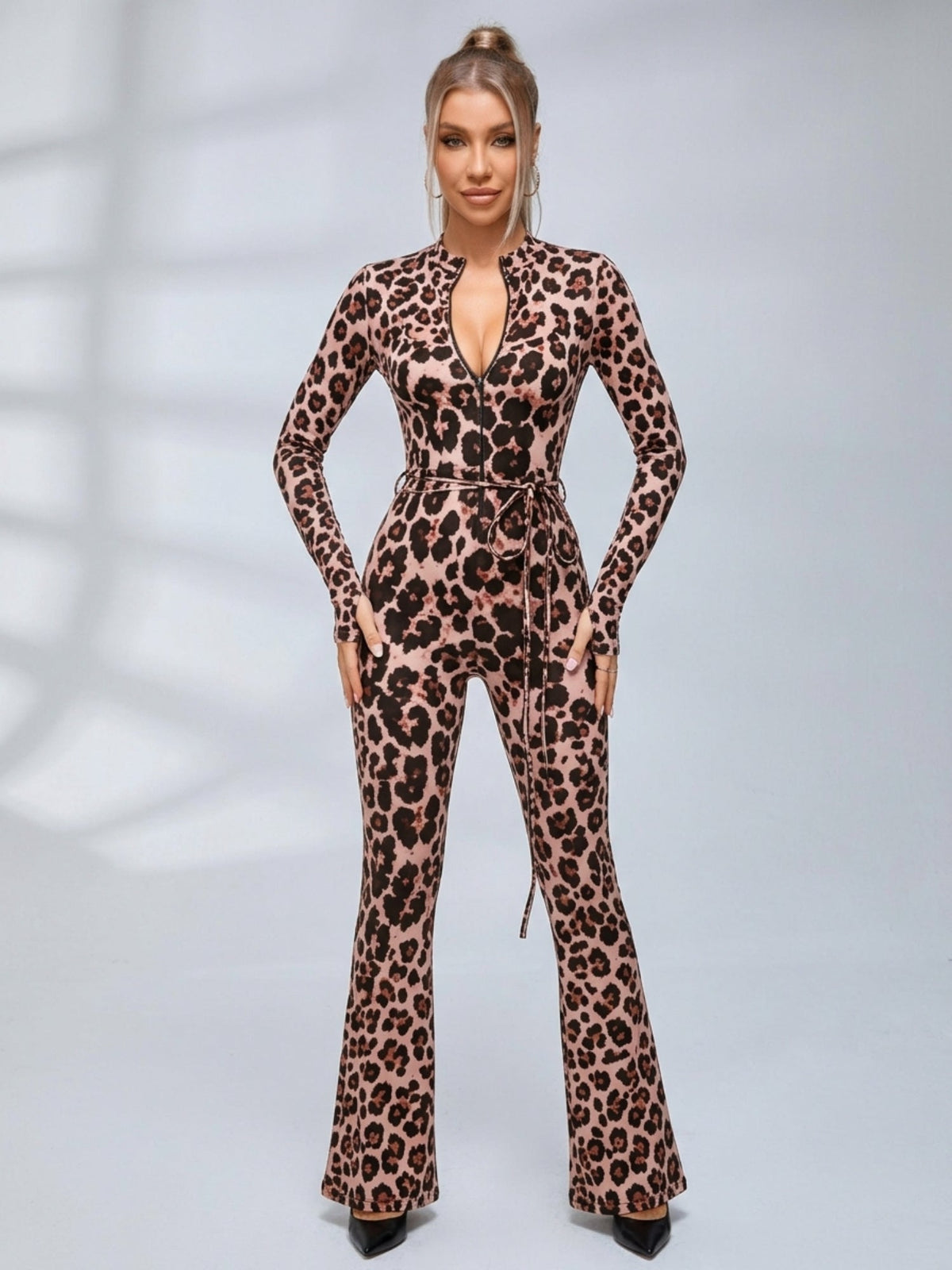 Leopard Print Zipper Cutout Tie Waist Flare Jumpsuit