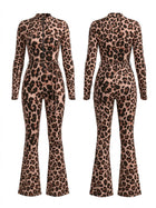 Leopard Print Zipper Cutout Tie Waist Flare Jumpsuit