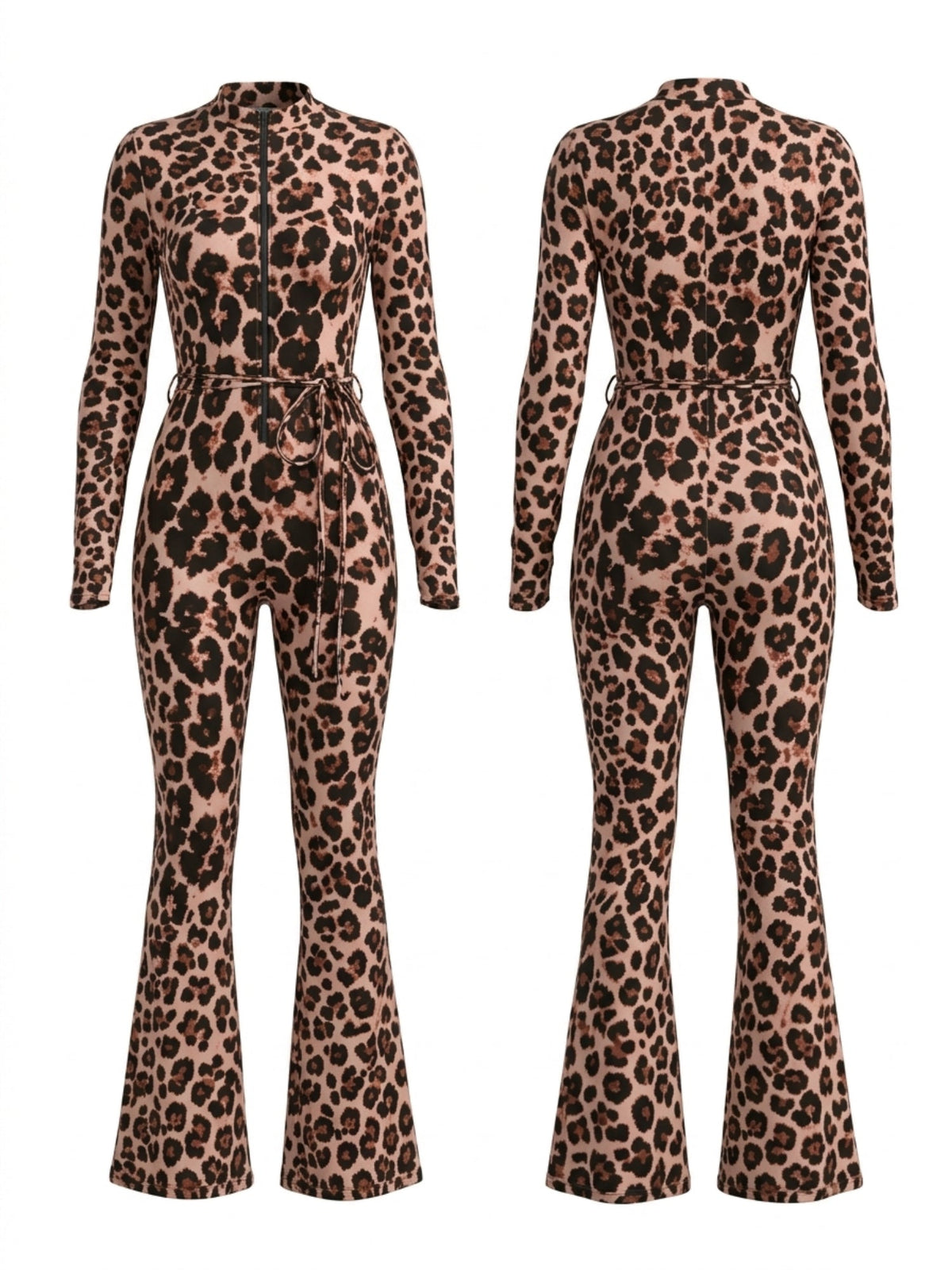 Leopard Print Zipper Cutout Tie Waist Flare Jumpsuit