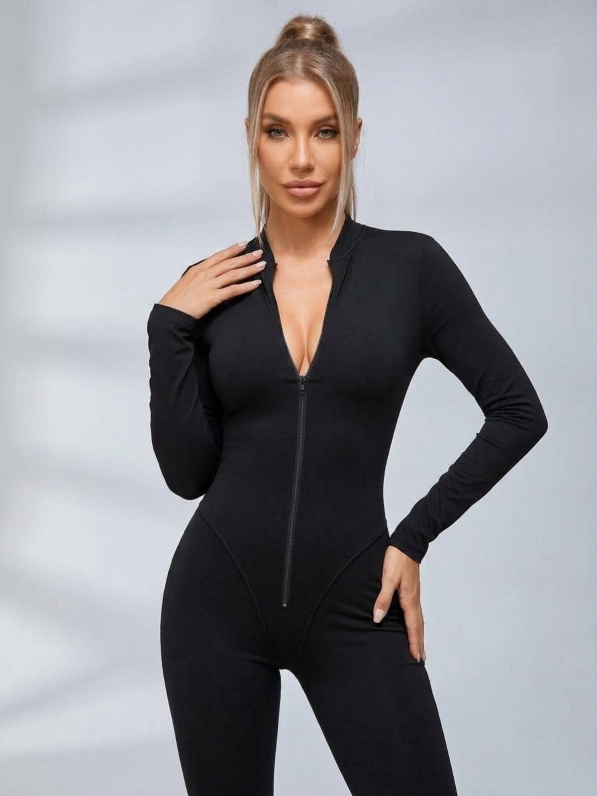 Mesh Deep Backless Long Sleeve Slim Flare Jumpsuit