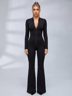 Mesh Deep Backless Long Sleeve Slim Flare Jumpsuit