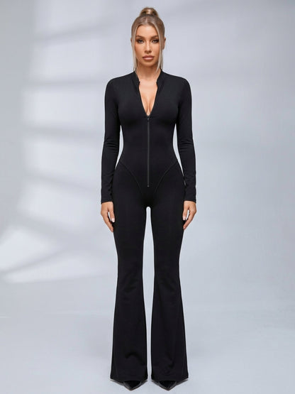 Mesh Deep Backless Long Sleeve Slim Flare Jumpsuit