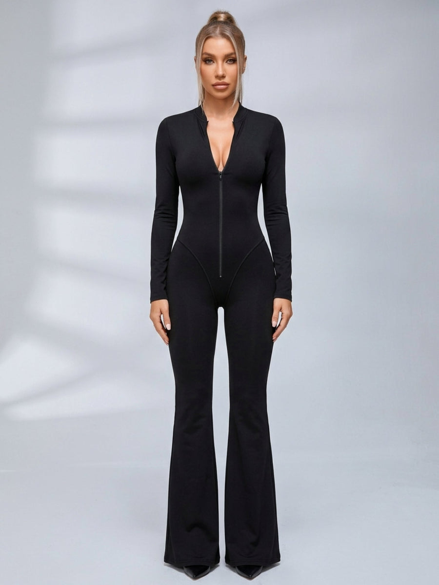 Mesh Deep Backless Long Sleeve Slim Flare Jumpsuit
