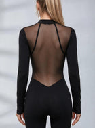 Mesh Deep Backless Long Sleeve Slim Flare Jumpsuit