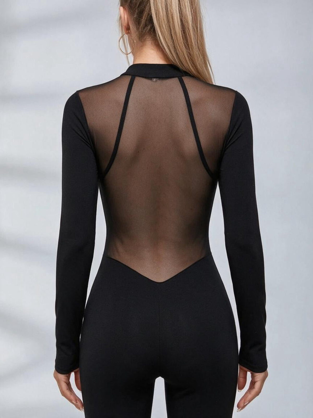 Mesh Deep Backless Long Sleeve Slim Flare Jumpsuit