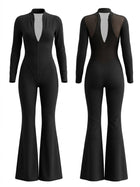 Mesh Deep Backless Long Sleeve Slim Flare Jumpsuit