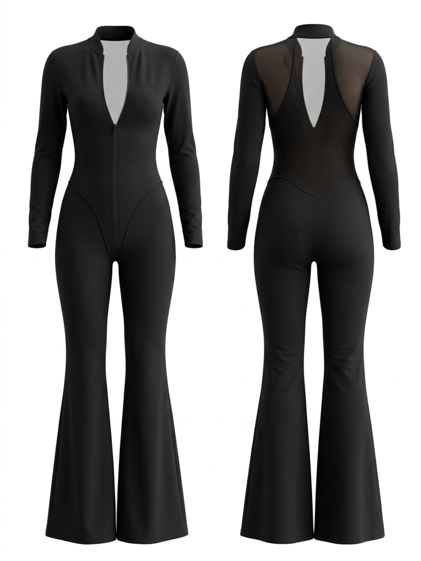 Mesh Deep Backless Long Sleeve Slim Flare Jumpsuit