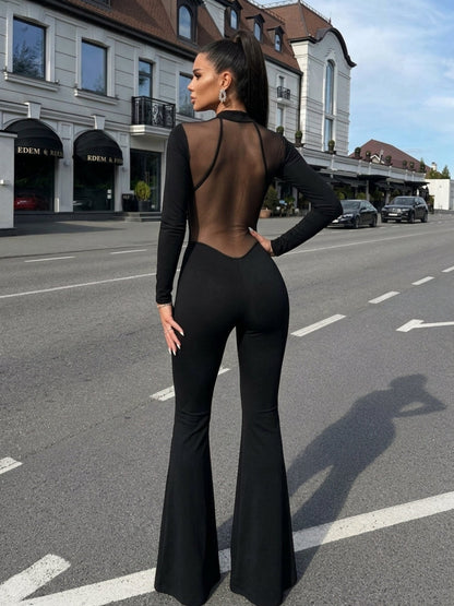 Mesh Deep Backless Long Sleeve Slim Flare Jumpsuit