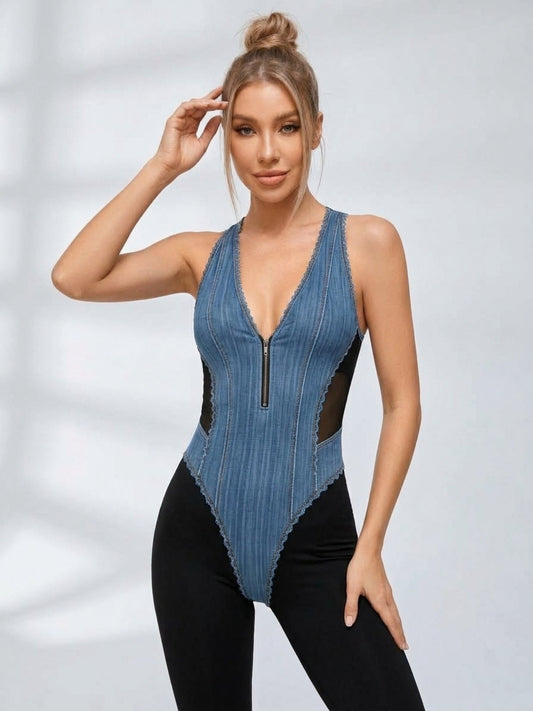 Faux Denim Mesh Patchwork V Neck Bodysuit High Waist Leggings 2 Piece Set