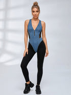 Faux Denim Mesh Patchwork V Neck Bodysuit High Waist Leggings 2 Piece Set