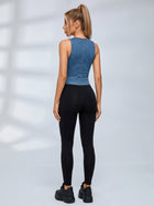 Faux Denim Mesh Patchwork V Neck Bodysuit High Waist Leggings 2 Piece Set