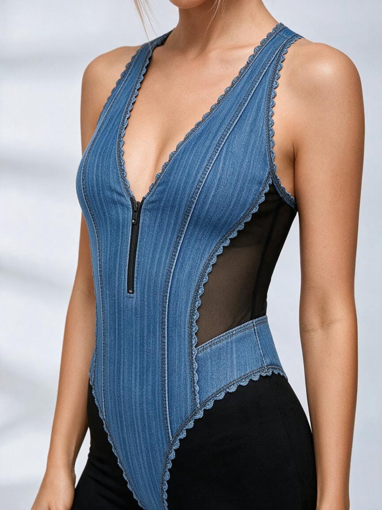 Faux Denim Mesh Patchwork V Neck Bodysuit High Waist Leggings 2 Piece Set