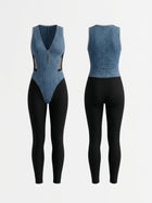 Faux Denim Mesh Patchwork V Neck Bodysuit High Waist Leggings 2 Piece Set