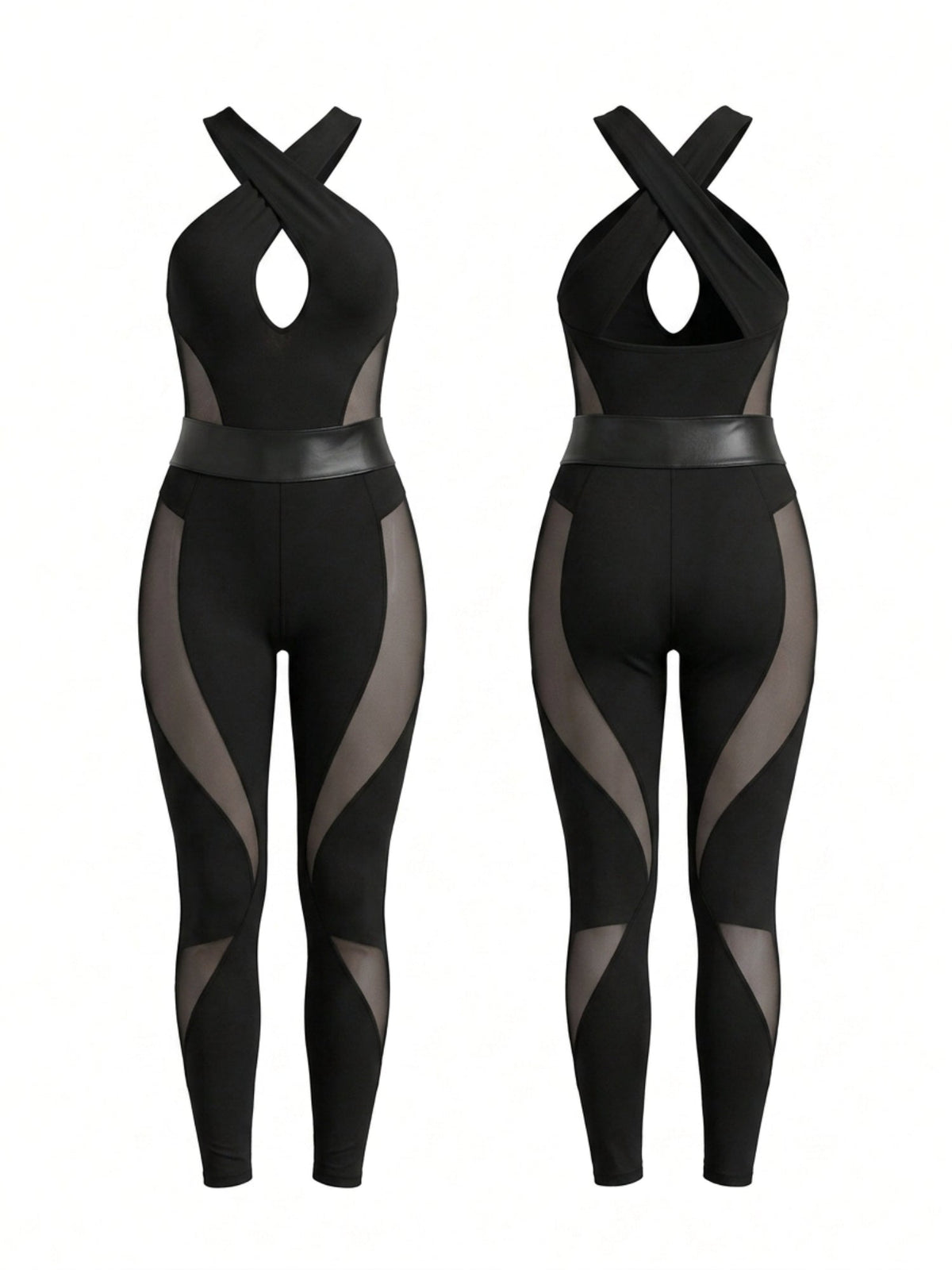 Crisscross Halter Mesh Panel Shaping Jumpsuit