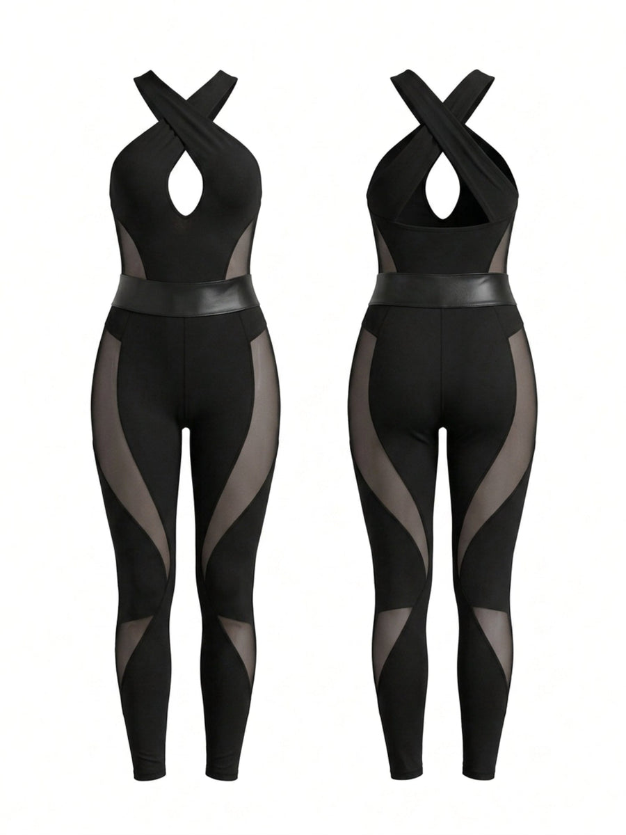 Crisscross Halter Mesh Panel Shaping Jumpsuit