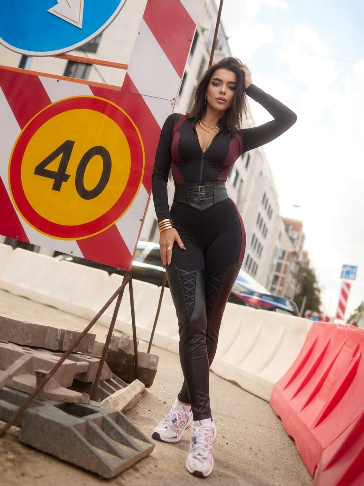 Color Block Zipper Long Sleeve Jumpsuit