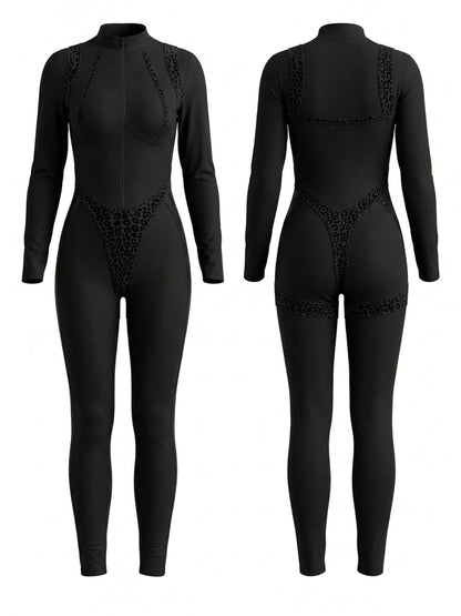 Zip Front Leopard Trim Bodycon Jumpsuit
