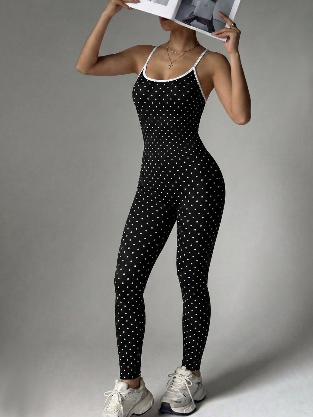 Black White Dot Criss Cross Back Activewear Jumpsuit