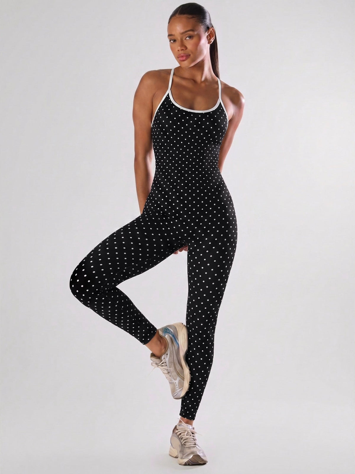 Black White Dot Criss Cross Back Activewear Jumpsuit