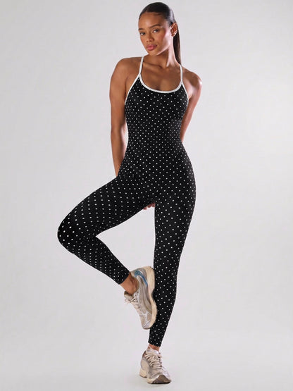 Black White Dot Criss Cross Back Activewear Jumpsuit