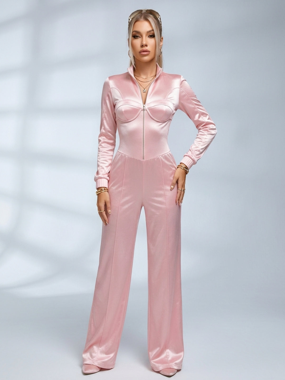 Satin Zip‑Up Cropped Jacket & Wide Leg Pants 2‑Piece Set