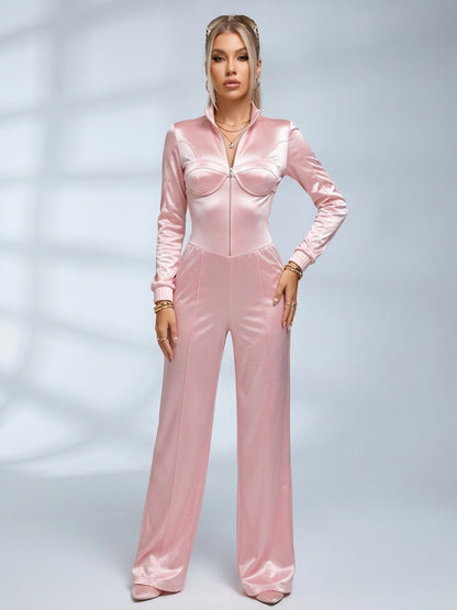 Satin Zip‑Up Cropped Jacket & Wide Leg Pants 2‑Piece Set