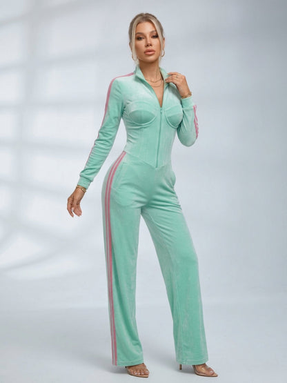 Mint Green Velour Side Stripe Zip Up Jumpsuit
