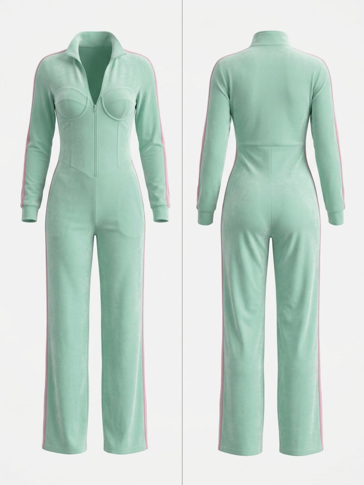 Mint Green Velour Side Stripe Zip Up Jumpsuit