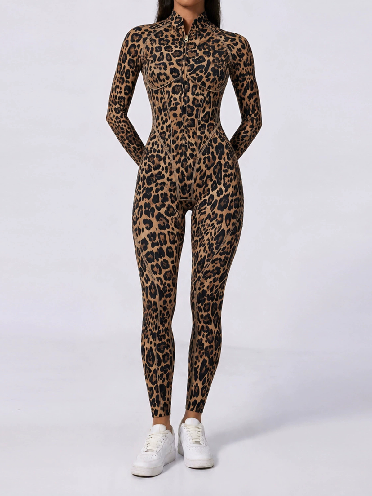 Stand Collar Leopard Gym Jumpsuit