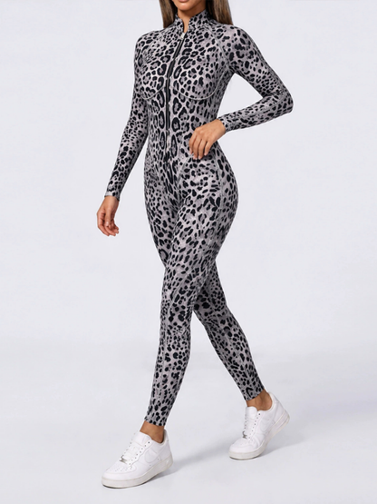 Grey Leopard Zipper Long Sleeve Gym Jumpsuit