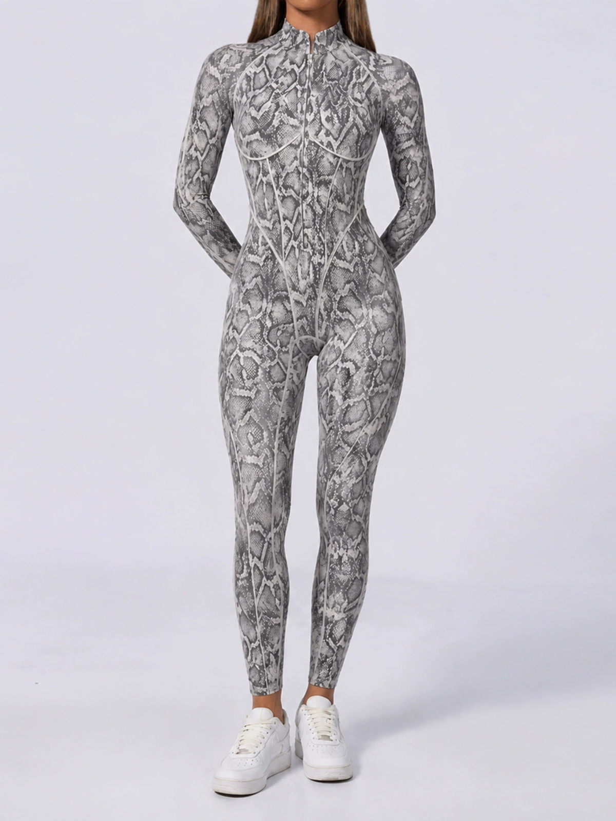 Women Grey Snake Print Zipper Jumpsuit