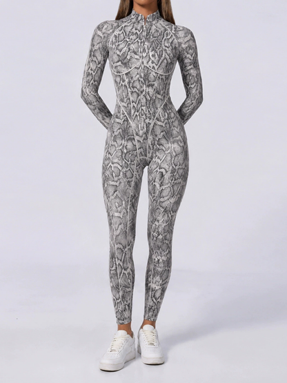 Women Grey Snake Print Zipper Jumpsuit
