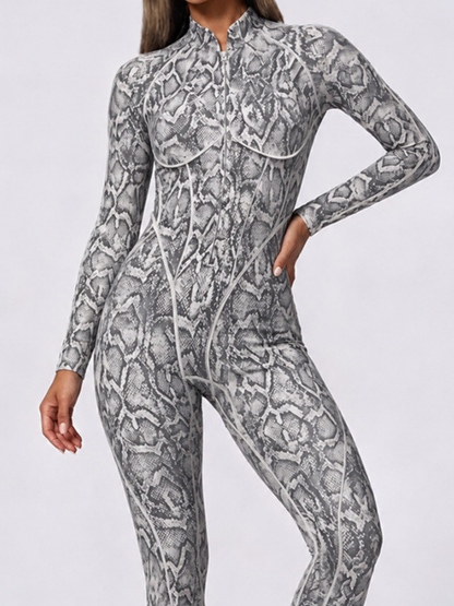 Women Grey Snake Print Zipper Jumpsuit