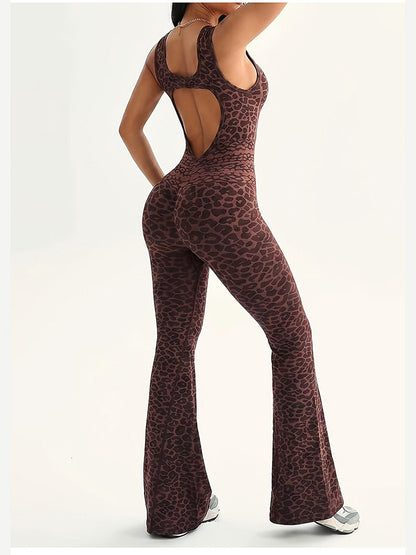 Women's Leopard Print Backless Flare Jumpsuit