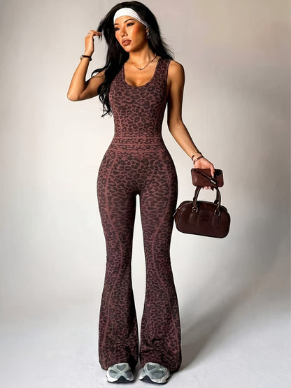 Women's Leopard Print Backless Flare Jumpsuit