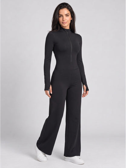 Women's Zipper Long Sleeve Wide Leg Jumpsuit
