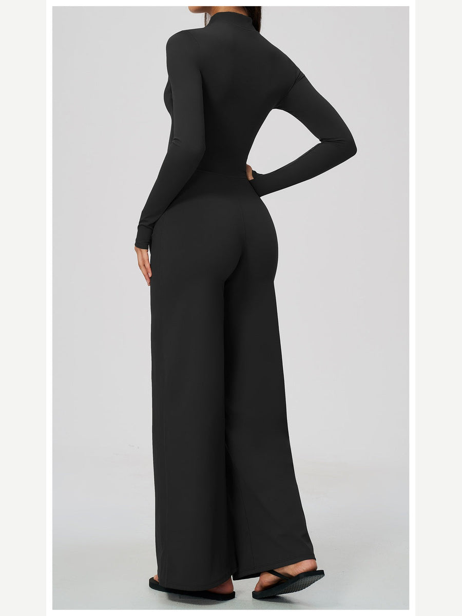 Women's Zipper Long Sleeve Wide Leg Jumpsuit