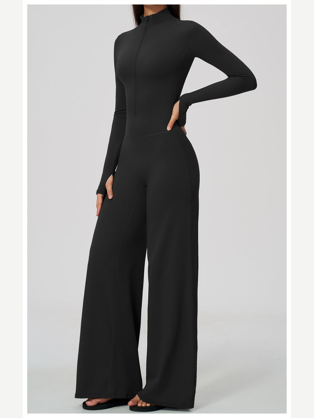 Women's Zipper Long Sleeve Wide Leg Jumpsuit