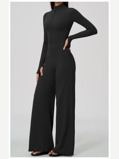 Women's Zipper Long Sleeve Wide Leg Jumpsuit