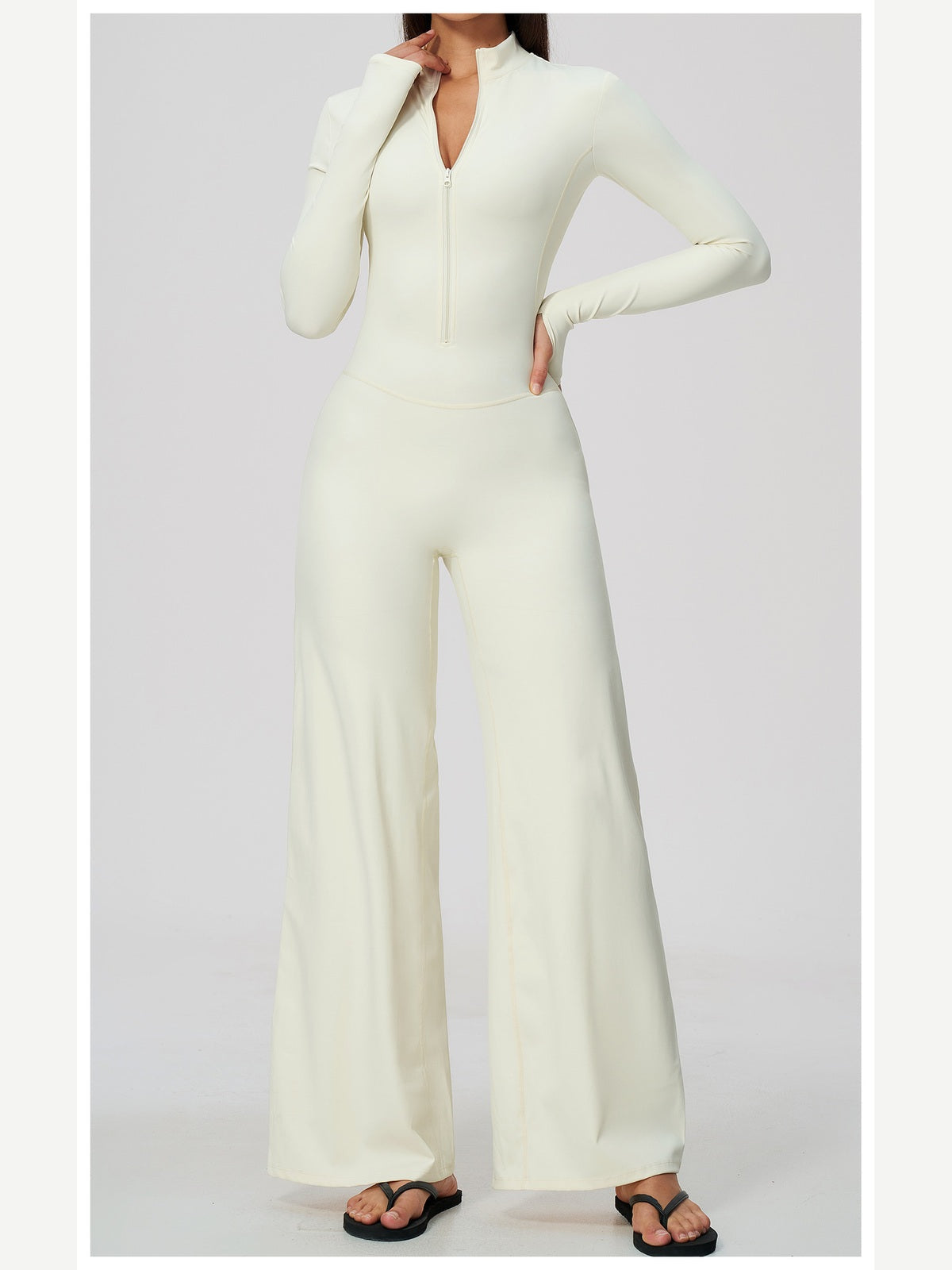 Women's Zipper Long Sleeve Wide Leg Jumpsuit