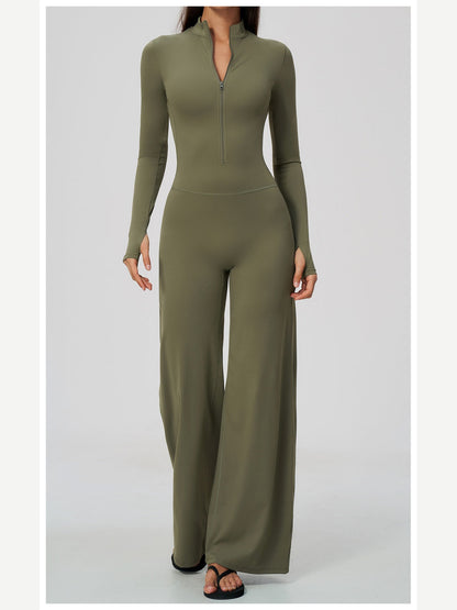Women's Zipper Long Sleeve Wide Leg Jumpsuit