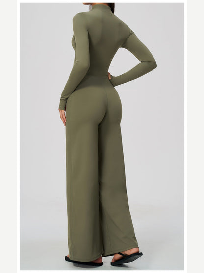 Women's Zipper Long Sleeve Wide Leg Jumpsuit