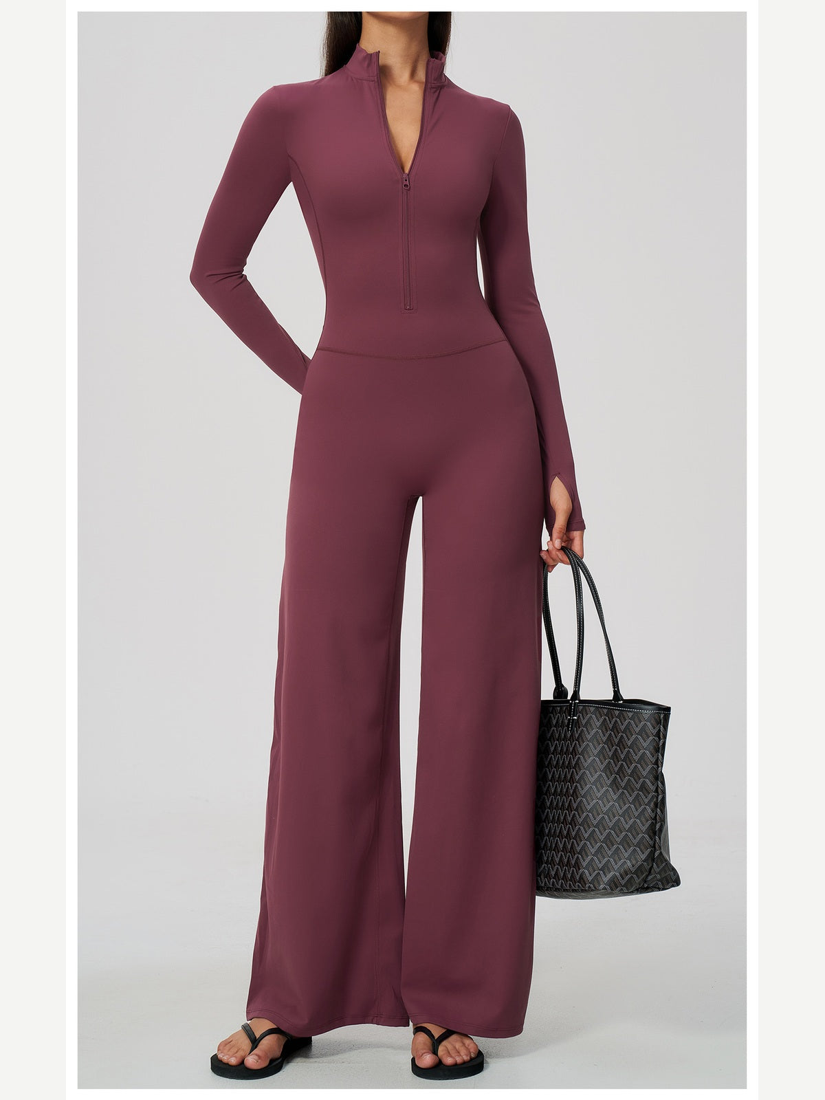 Women's Zipper Long Sleeve Wide Leg Jumpsuit