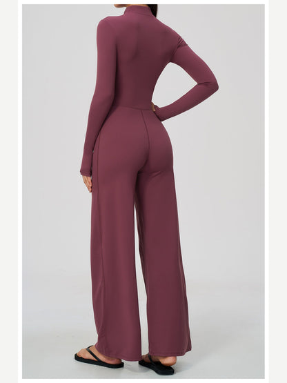 Women's Zipper Long Sleeve Wide Leg Jumpsuit