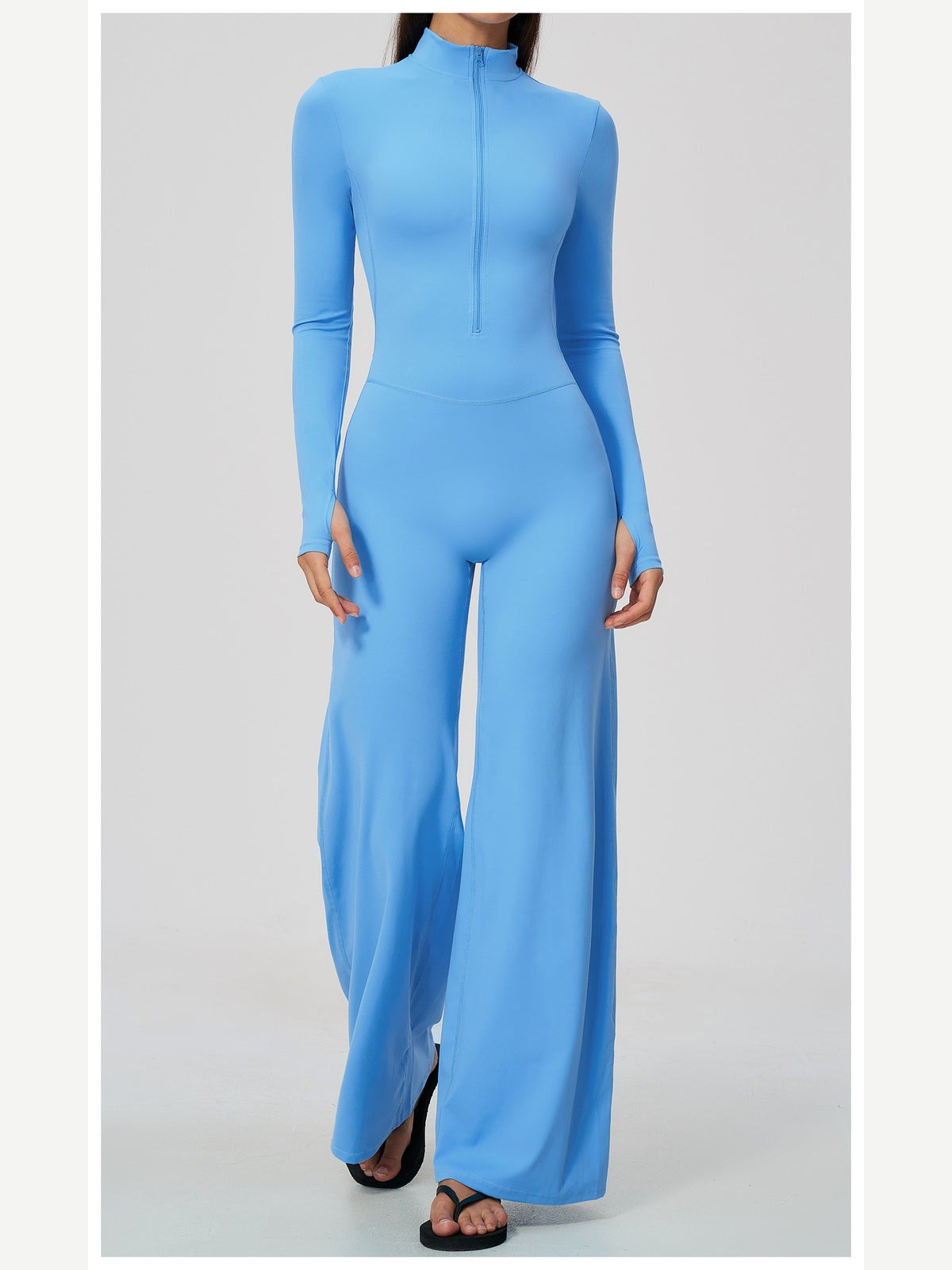 Women's Zipper Long Sleeve Wide Leg Jumpsuit