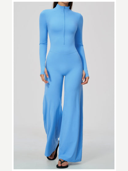 Women's Zipper Long Sleeve Wide Leg Jumpsuit