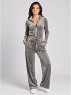 Velour High Collar Zip-Front Wide-Leg Jumpsuit