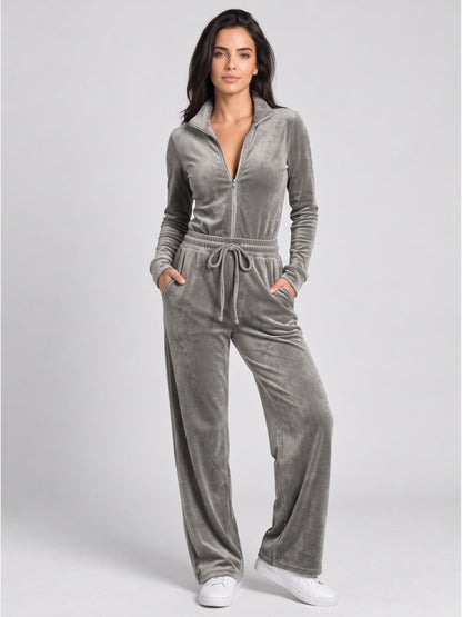Velour High Collar Zip-Front Wide-Leg Jumpsuit