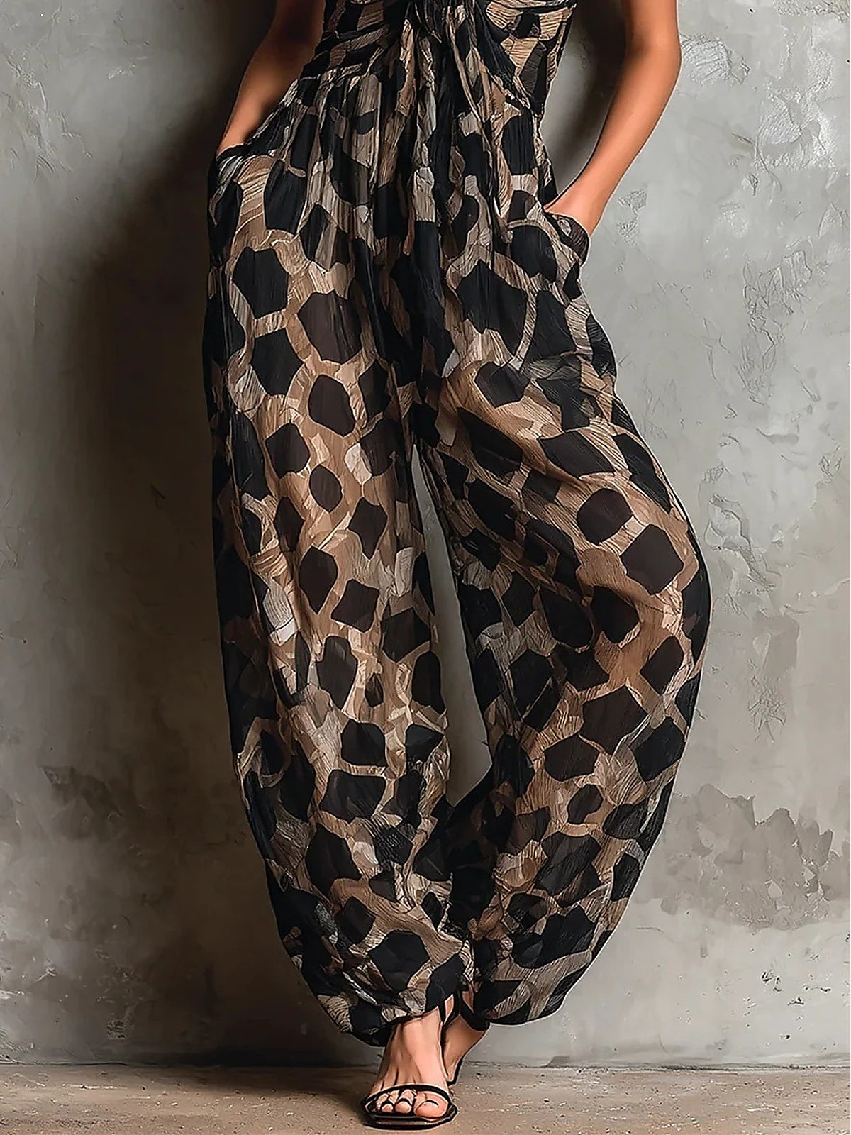 Leopard Print Deep V-Neck Twist Front Wide Leg Jumpsuit