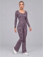 Women's Leopard Print Scoop Neck Flared Jumpsuit